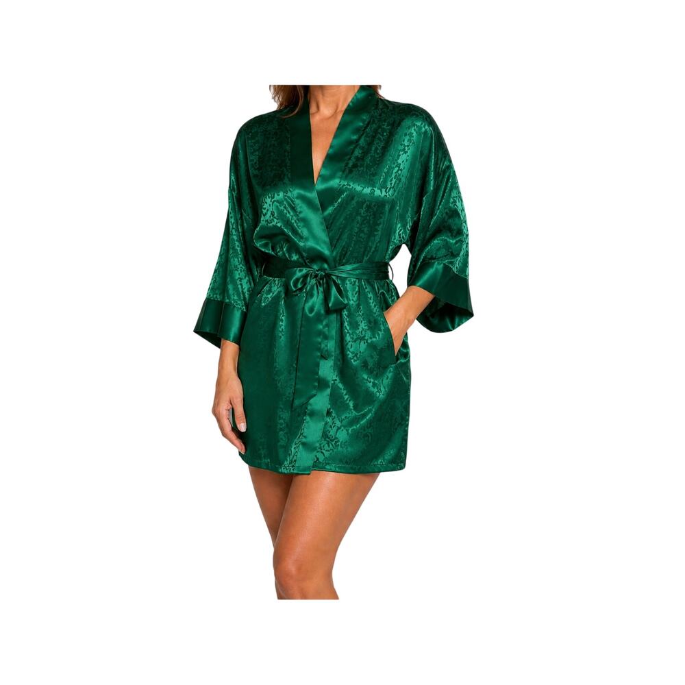 Vintage Victorias Secret Green Satin Robe One Size Gold Label Damask Short Robe